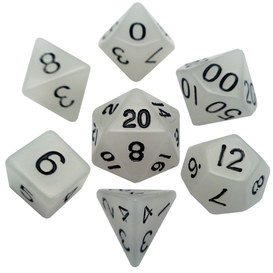 Mini Poly Dice Set - Glow Clear w/ Black Numbers