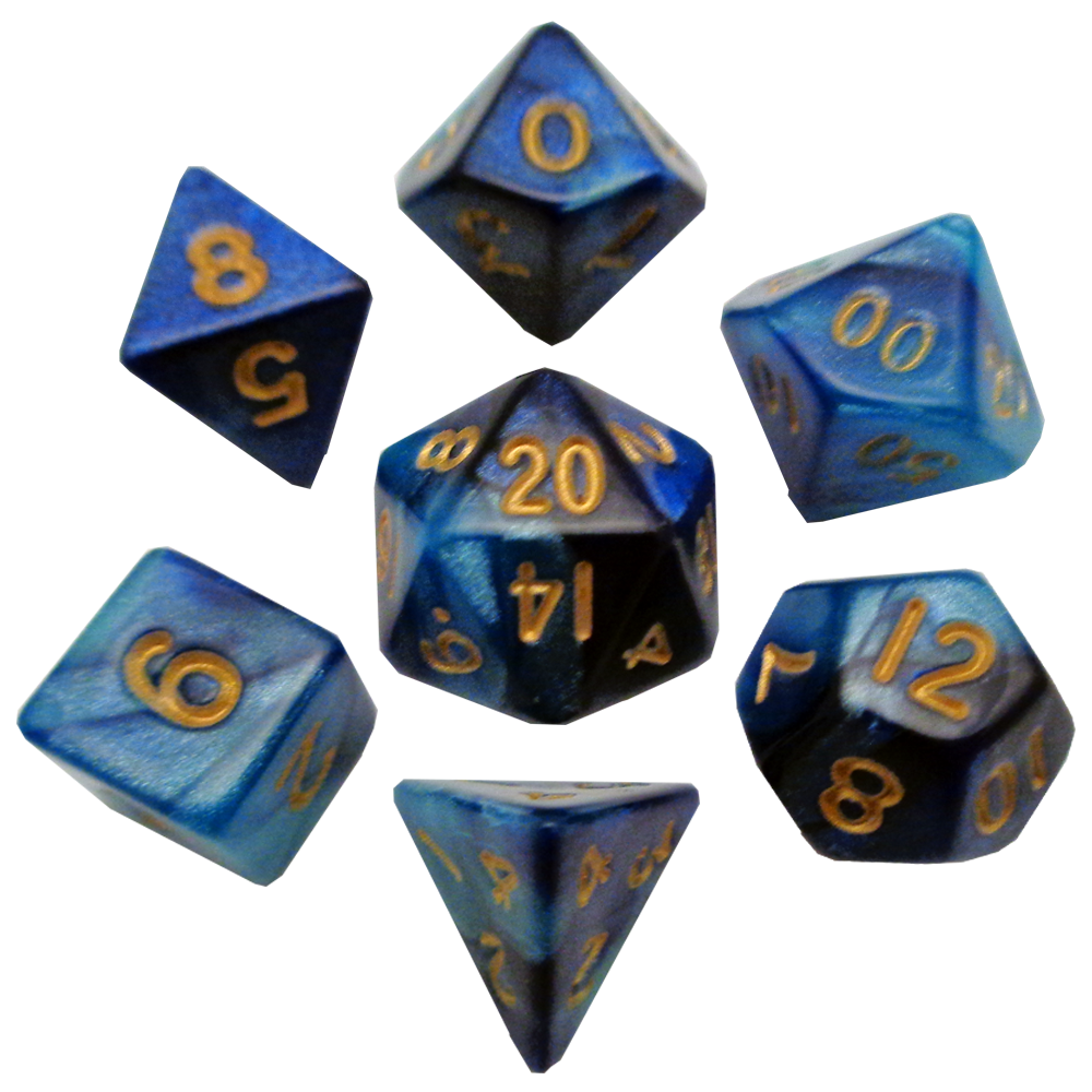 Mini Poly Dice Set - Dark Blue/Light Blue w/ Gold Numbers