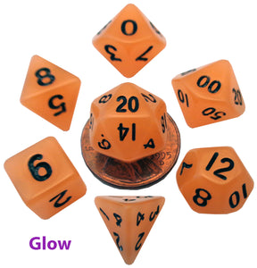 Mini Poly Dice Set - Glow Orange w/ Black Numbers