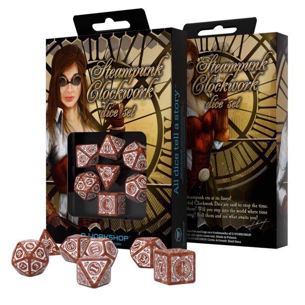 RPG Dice Set - Steampunk Clockwork: Caramel & White (7)