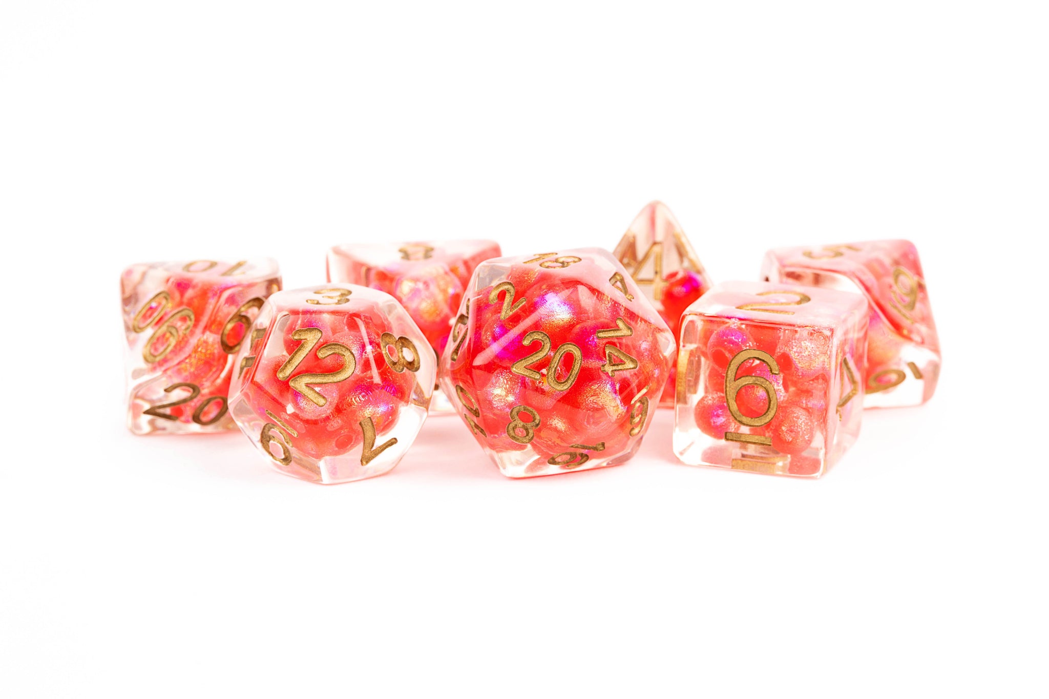 Pearl: 16mm Resin Poly Dice Set - Red w/ Copper Numbers (7)