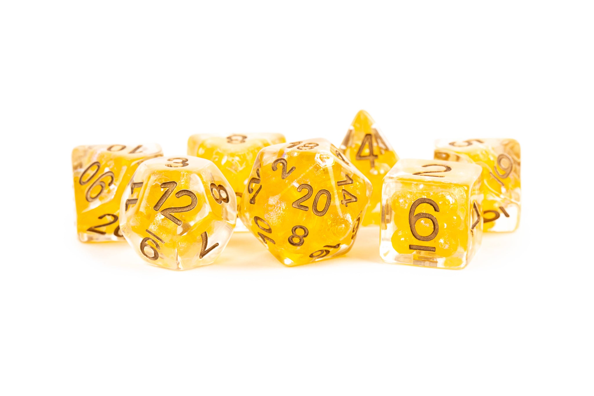 Pearl: 16mm Resin Poly Dice Set - Citrine w/ Copper Numbers (7)