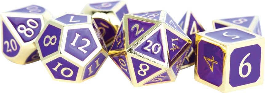 16mm Metal Poly Dice Set - Gold w/ Purple Enamel