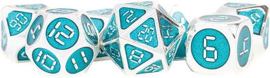 16mm Digital Metal Dice Set - Silver w/ Teal Enamel (7)