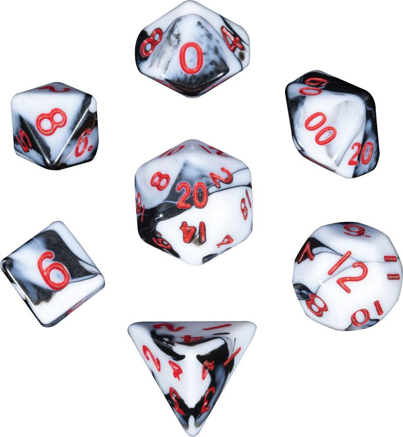 Mini Poly Dice Set - Marble w/ Red numbers