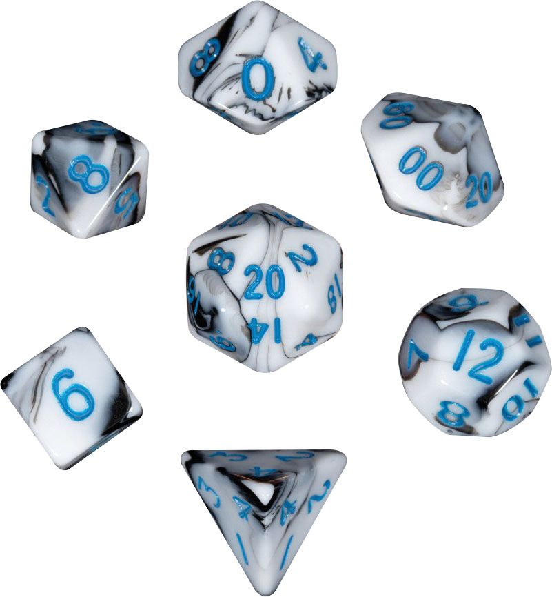 Mini Poly Dice Set - Marble w/ Blue Numbers