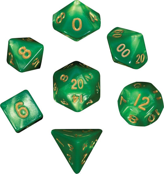 Mini Poly Dice Set - Green/Light Green w/ Gold Numbers