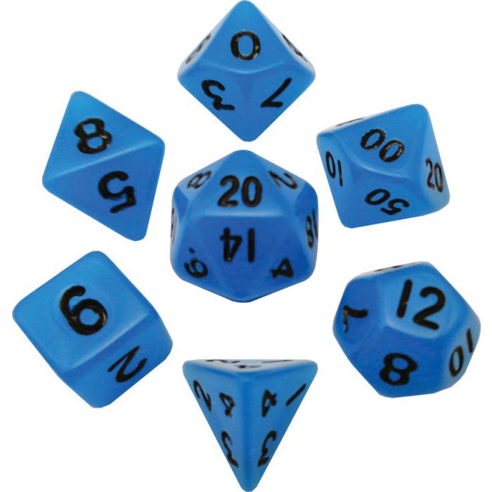 Mini Poly Dice Set - Glow Blue w/ Black Numbers