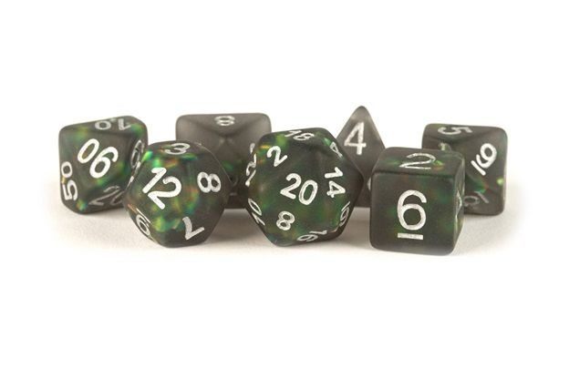 Icy Opal: 16mm Resin Poly Dice Set - Black /Silver Numbers (7)
