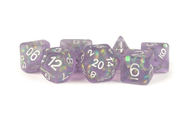 Icy Opal: 16mm Resin Poly Dice Set - Purple/Silver Numbers (7)