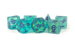 Icy Opal: 16mm Resin Poly Dice Set - Teal/Purple Numbers (7)