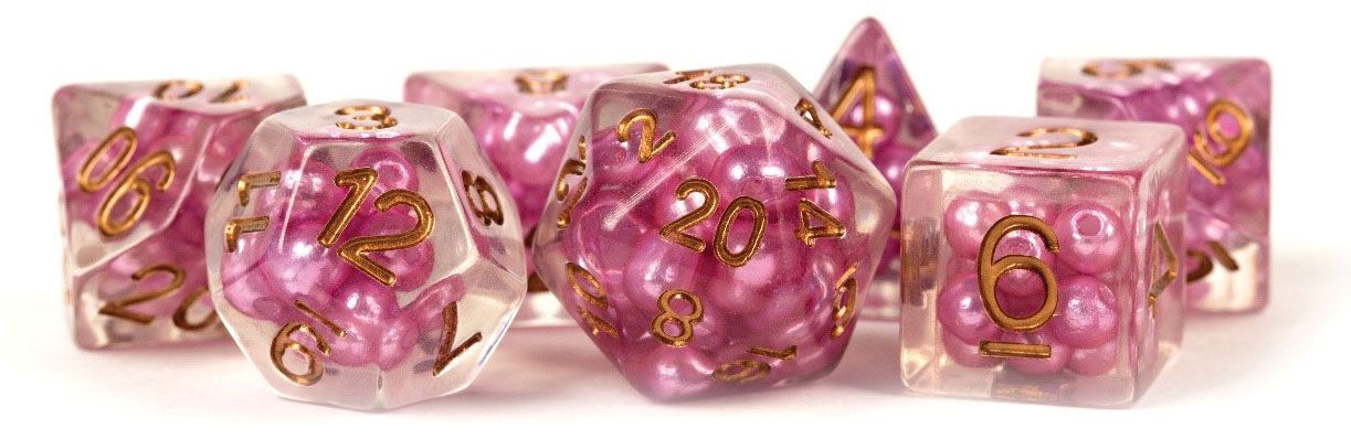 Pearl: 16mm Resin Poly Dice Set - Pink /Copper Numbers (7)