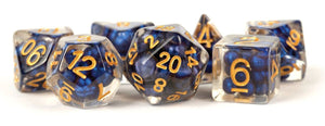 Pearl: 16mm Resin Poly Dice Set - Royal Blue/Gold Numbers (7)
