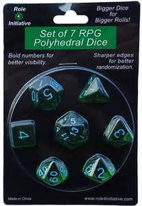 Translucent Poly Dice - Dark Green w/ Light Blue Numbers (7)