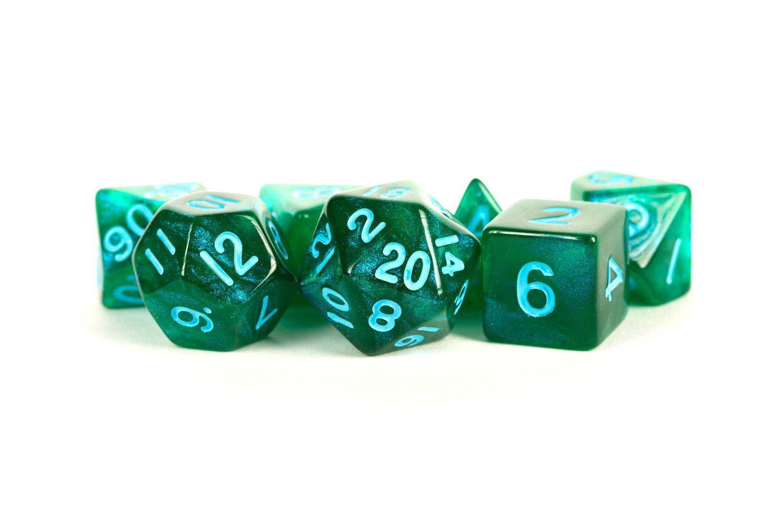 Stardust: 16mm Acrylic Poly Dice Set - Green/Blue Numbers (7)