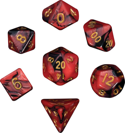 Mini Poly Dice Set - Red/Black w/ Gold Numbers