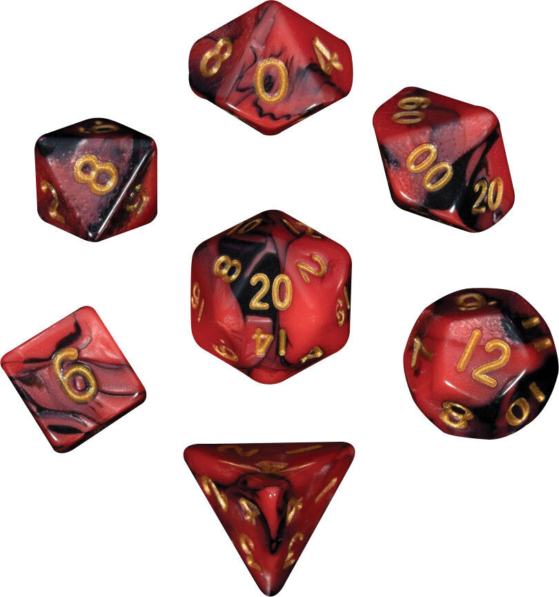 Mini Poly Dice Set - Red/Black w/ Gold Numbers
