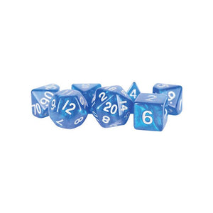 Stardust: 16mm Acrylic Poly Dice Set - Blue w/ Silver Numbers (7)