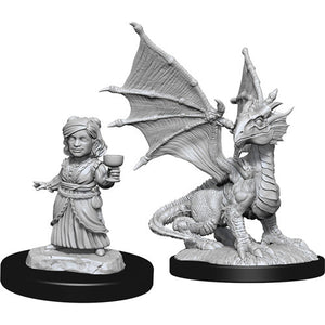 Nolzur's Marvelous Unpainted Miniatures - Silver Dragon Wyrmling & Female Halfling